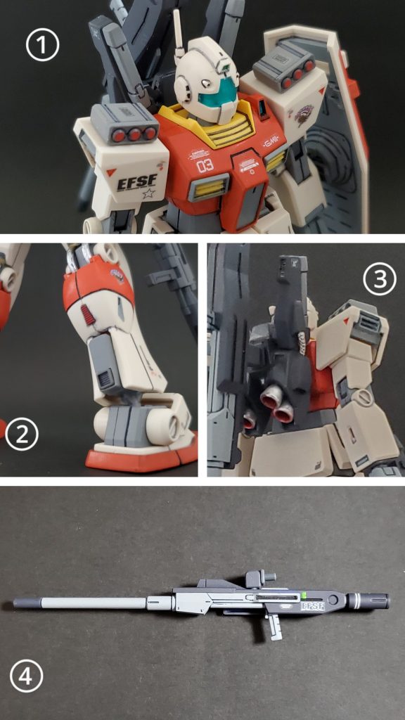 それでは今回の改修ポイント~🤩✨①肩アーマーにオリジンジムのミサイルポッドを装着させました🎵これで気分はジムⅢ~🤭✨②足首パーツはセミストライカー余剰のジムⅢパーツを流用して製作👍️四角い穴が開いているので、そこにはスラスターパーツを組み込みました😎ふくらはぎのスラスター口にもディテールパーツを加えてます❗③バックパックは旧HGUC MkIIのものを使用❕接続部分がシンデレラフィットで無改造で装着出来ました🙌🎊おかげで通常のバックパックとの換装も容易に出来ます🤭✨肩アーマーサイドのスラスター部分は切って削って大きくして、スラスターパーツを組み込んでます✨④今回最大火力のロングライフル💥🔫こちらは未開封であったスーパーエンゲージから頂戴してしまいました~😅💦私の妄想設定では、これがベースとなりスーパーガンダムのロングライフルが完成してます👍️