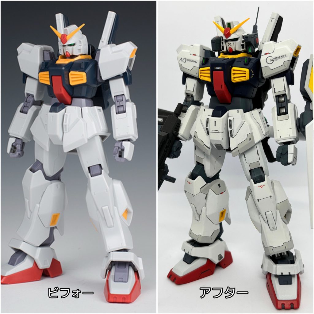 まずは素組みとの比較。胴部で2mm延長により寸詰まり感を解消、首1mm延長により顎を引けるようにしました。より主役機らしいプロポーションになったと思いますが、いかがでしょう😅