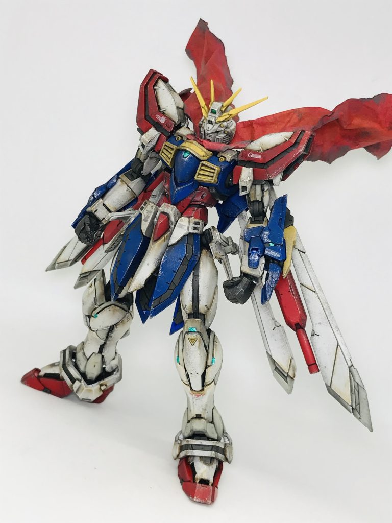 RG ゴッドガンダム成型色ウェザリング仕上げつや消し＆水性ホビーカラー焼鉄色とシルバーのチッピングウェザリングカラーマルチブラックのウォッシングリアルタッチマーカーリアルタッチブラウン1で陰影付けメタルグリーンの差し色あり難易度　★★☆☆☆作業時間　★★☆☆☆敷居の高さ　★☆☆☆☆これが私の基本ウェザリング方法になります