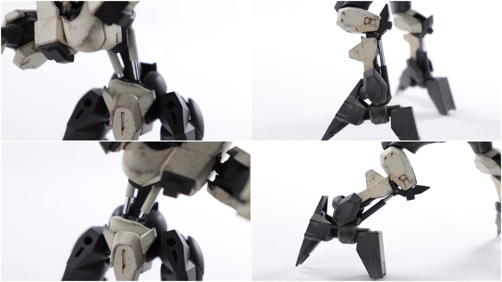 チャームポイント①お腹とふくらはぎのシリンダが可動します。プラ棒やボールデンアームアームズで作っています。ふくらはぎは正面からはすねで隠れますが、お腹は丸見えなので被弾が怖すぎるのでは…?