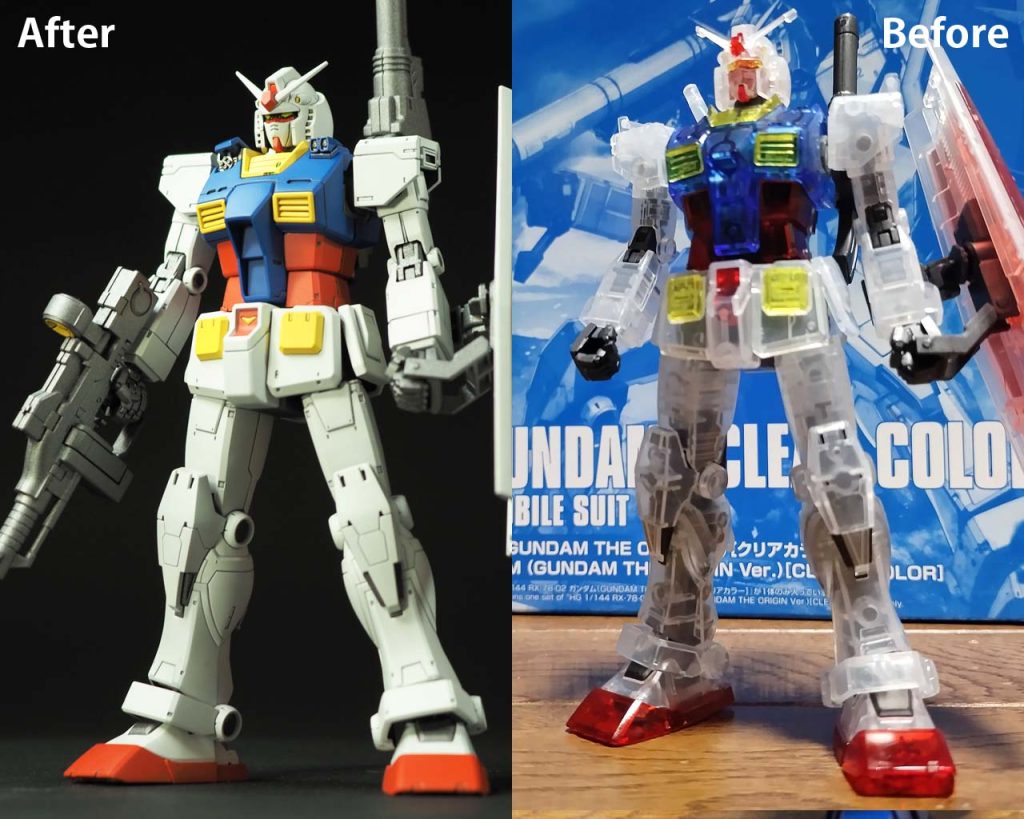 パチ組のクリアカラー状態と並べて。クリアカラーはせっかくのディテールがほぼ見えないので、塗装してよかったのではと思っています。限定品を手に入れる意味はありませんが。