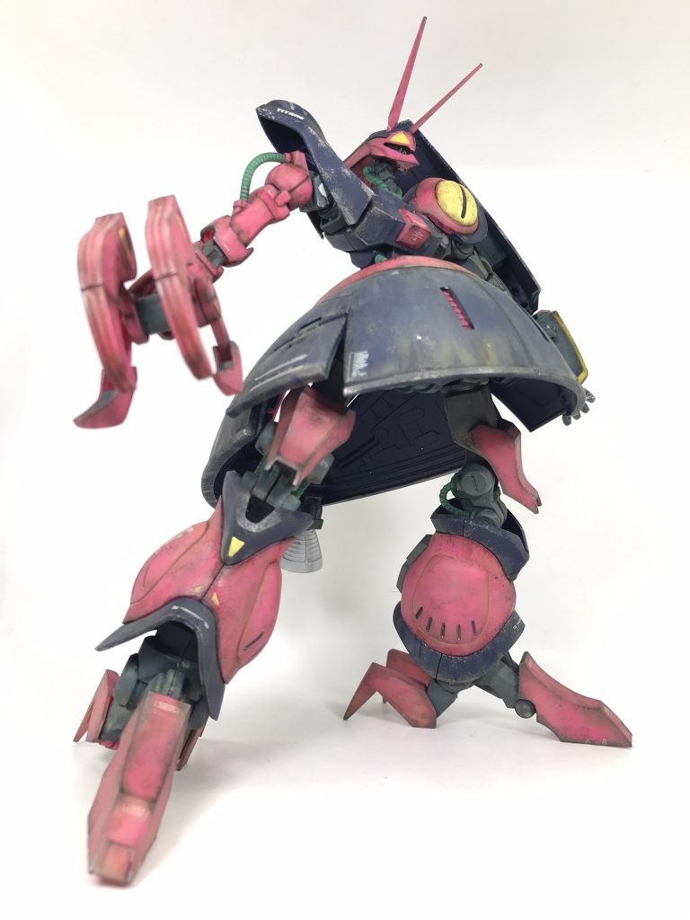 HGUC バウンドドック成型色ウェザリング仕上げつや消し＆水性ホビーカラー焼鉄色とシルバーのチッピングウェザリングカラーマルチブラックのウォッシングリアルタッチマーカーリアルタッチブラウン1で印影付けさらにウェザリングカラーマルチホワイトでくすみ表現とウェザリングマスターで少し汚し追加バーニアのみシルバーで筆塗り塗装難易度　★★☆☆☆作業時間　★★★☆☆敷居の高さ　★★☆☆☆基本私はウェザリングマスターをあまり使用しませんが…作品の質を上げたいときは稀に使用します