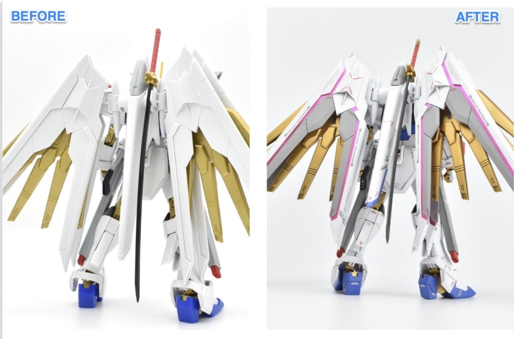 作業工程は以下の通りです。ゲート処理をしながら仮組み改修点・色分けのチェック肉抜きをパテ・プラ板で穴埋め各パーツの表面処理(エッジ出し、C面処理、パーティングライン消しなど)各パーツのモールドを掘り直し・ディテールアップ改修後のチェックパーツの洗浄・乾燥エアブラシでサフ&オリジナルカラー塗装マスキングで色分け塗装スミ入れ・面相筆を使って細かな部分塗装水転写デカール貼り付けトップコートを塗布仕上げのディテールアップ