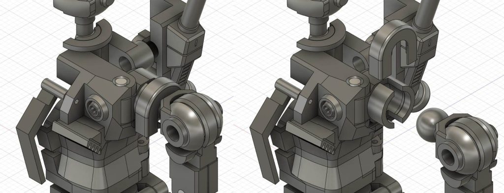 まずは肩関節などに使っているボールジョイント単に3Dプリンターでボールジョイントを作るとクリアランスの関係でうまく作れないので、メス型の方に切れ込みを入れて組み立てるときの自由度を持たせて、そこに抜け防止のカバーを付けてこれを瞬間接着剤で固定しています。あとこの絵だと肩の引き出しように2mmのアルミ線で軸にしています。