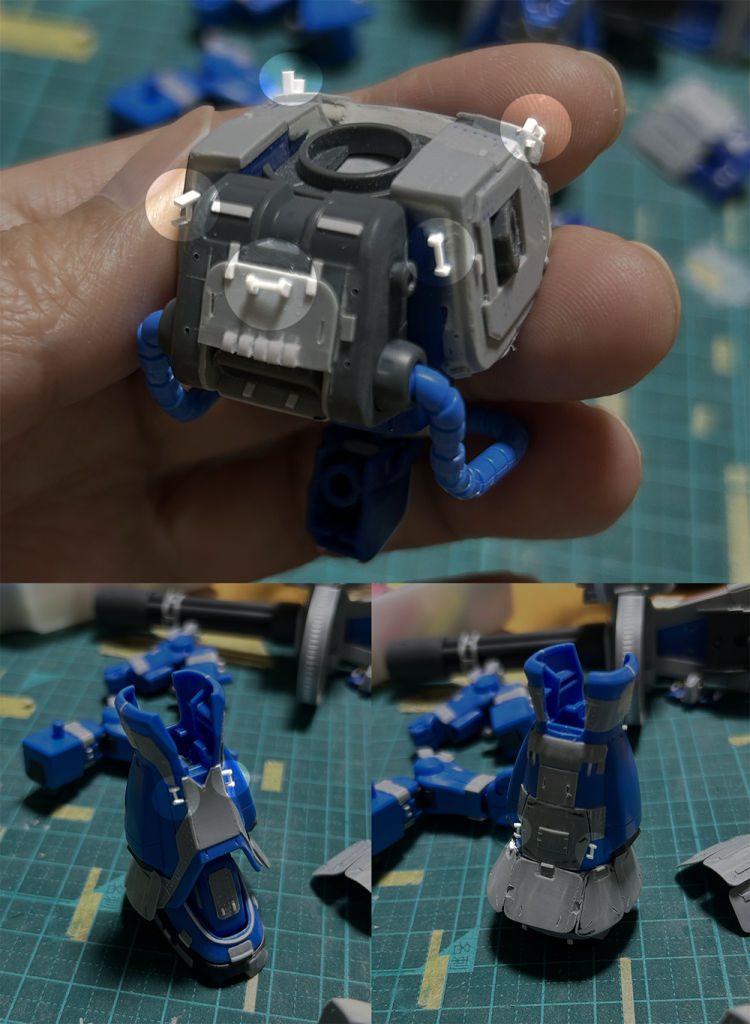 画像で丸く囲ったところを見て貰えばわかる通り、めっちゃ小さいハードポイント?用のパーツを自作公式サイトの画像を頼りに作成進めてた時にこのパーツの存在に気づいてしまったので、0.75mmのプラ棒を0.75mmのプラ板を2枚用意して貼り合わせて作成余りにもパーツが小さすぎて途中で投げ出しそうになりかけたけど無事完遂なお、パーツ同士を組み合わせる際に意図せず指で粉砕する事故が多発した結果、三割程度が帰らぬ人(パーツ)に…なるほどなー、だからバンダイさんはこのようなディテールは省略するんだなとまた一つ学びを得ました😭