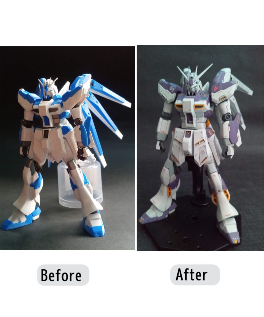 ノーマルと比較。ぱっと見わからんねｗ頭部は制作過程で詳しく載せております。首前を1段削り、顎を引けるようにしてます。腰アーマーのV字のとこを狭くしてます。つま先を尖らせてます。HGは顔が残念なhi-νなんで顔だけでも良かったかも。