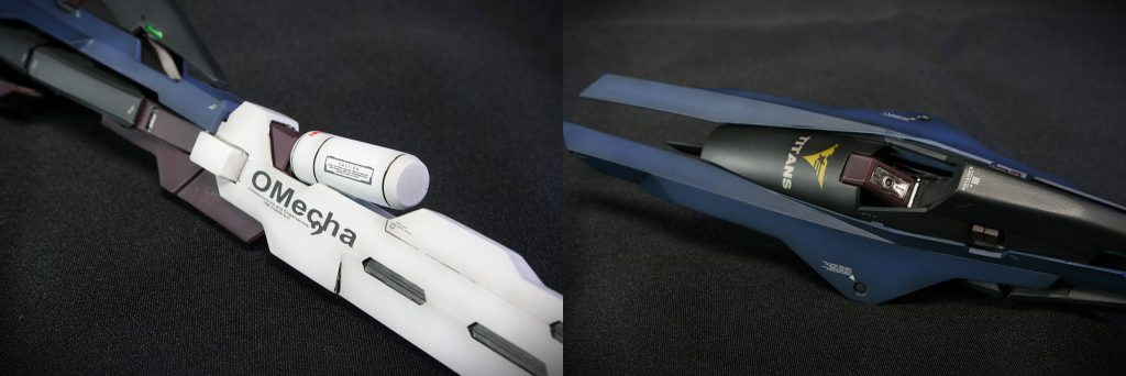 ライフルの色は結構早い段階で決まり。赤に比べ、ティターンズブルーは全体が暗めで花が欲しいので、銃身はホワイトを採用して対比部分にして、機体色を引き立たせてます。AOZシリーズのフレームカラーは個人的な解釈でボルドーを使うので、余計暗く重たくなるんですよね。今回は白にして正解でした。