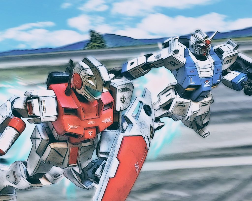 「見えたっっ!!、行くぜライラっ、俺から仕掛ける!!」2人はブースターを使いハイスピードで前進すると敵機の影を捉える。フォルドは先制攻撃でビームガンを連射で撃つ。今度は再チャージに気をつけ間隔を開けた。「…当たらないかっ!?……つうか何だあの速さはっ!?」フォルドは接近してくる敵機に目を疑った。恐らく敵もブースターで前進しているかと思われるが、それはザクやグフの比ではなかった。「まさか新型のホバータイプ!?」敵機はみるみる内に距離を詰めてくる。フォルドも射撃を続けるが、まるでこちらの攻撃が分かっているかのように避けている。「何やってるんだいフォルド!!」「あんな機体知らねぇぞ!?」「脚を止めるよっ!私に合わせなっ!」ライラはそう言うと頭部バルカン砲を敵機に向けて撃つ。フォルドもそれに合わせ頭部バルカン砲を同時に撃ち弾幕を張る。「…フハハハ、その程度でイフリートを止められるものか!」ニムバスのイフリート改は更に加速しつつ弾幕を抜けてくる。「クソっ、私が止めるっ!!」ライラはビームサーベルの電源を再度入れると格闘戦に打って出る。