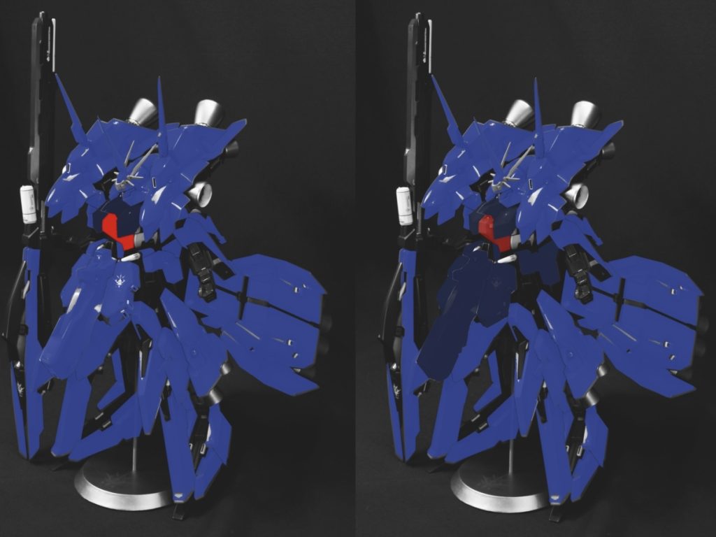 で、ティターンズカラーにしようと考えたところで、「どこまでどっちの青にするか」に悩み。色々とティターンズ機の参考画像を漁ってみるのですが、思っていたよりどれも塗り分け方が違うのですよね。最終的には無難にハイゼンスレイを踏襲しました。