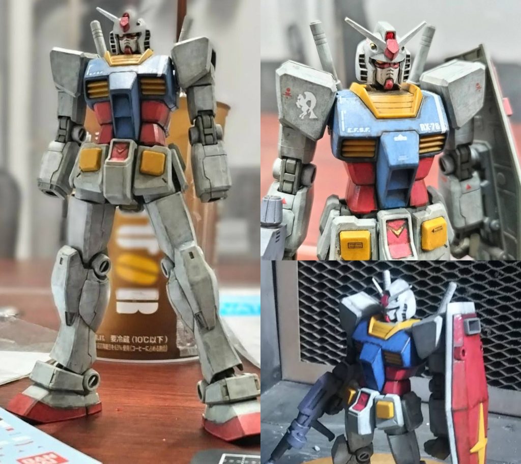 ベースキットはHGUCガンダム(21stCENTURY REALTYPE Ver )で濃いめの成型色につや消しトップコートし　それを下地に水性ホビーカラーで筆塗りデカール貼り　エナメルチッピング　ウェザリングカラーでウォッシング最後につや消しトップコートで製作いたしました(^^ゞ 