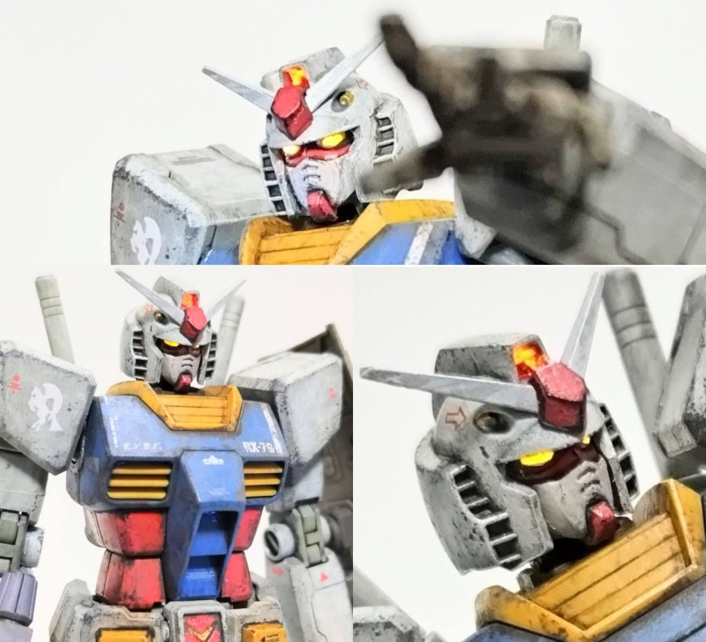 メインカメラにラピーテープを貼り　蛍光カラー(レッド)をコートツインアイは水性ホビーカラー(ゴールド)を塗装上から蛍光カラー(オレンジ)をコートしてブラックライトで発光!!