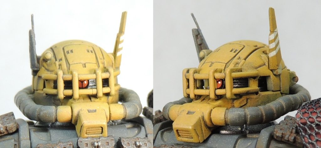 ■頭部：ダブルアンテナは薄く削り込み、0.3mmΦ真鍮線でディティールを追加しました。モノアイはデカールを使用し、UVレジンでコーティングしてクリアパーツのような質感にしています。ダクト横の動力パイプ１コマ目は機体色と同じ色で塗装しました。