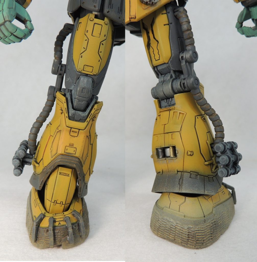 ■右脚部：ふくらはぎの内部メカの表現は、キット付属のデカールを使用せず、実際にピンバイスとデザインナイフで開口し、中にメカディティールを仕込みました。左右のツィメリットコーティングは、エポキシパテを薄くのばして貼付け、モールドを入れたプラ板のスタンプを押し付けて表現しました。