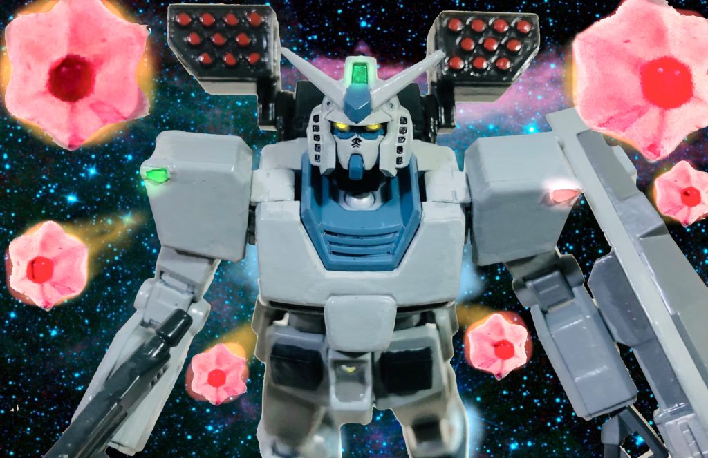 正面からのショット。ファンネルはトランスフォーマーのフィギュアについていたビームのエフェクトパーツを使用。合成でファンネルっぽくしてみました。