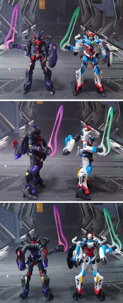 拙作のGQuuuuuuX1個目との比較。■塗装レシピ黒∶黒サフ→ファントムグレー→つや消し紫:黒サフ→メタリックパープル→光沢赤:黒サフ→メタリックレッド→光沢金:黒サフ→ブラック→メッキ調ゴールド→光沢関節・武器類グレー:黒サフ→ブライトガンメタル→つや消し首関節:黒サフ→つや消しロングアックス、ソードグリップ:黒サフソード銀:黒サフ→シャインシルバー→光沢ロングアックス刃:黒サフ→ブライトガンメタル→ガンダムマーカー・シャインシルバー→ガンダムマーカー・メタリックオレンジ→つや消し→ガンダムマーカー・クリアー光沢ビームサーベル刃:根元にベースホワイト→先端側にメタリックパープル→全体に蛍光ピンクツインアイ:キット付属シールにガンダムマーカー・トランザムホロレッド→ガンダムマーカー・クリアー光沢センサー類:キット付属シールを使用脚部クリアパーツ:市販のレンズパーツ・シール素材を併用→光沢その他墨入れ・部分塗装:ガンダムマーカー各種