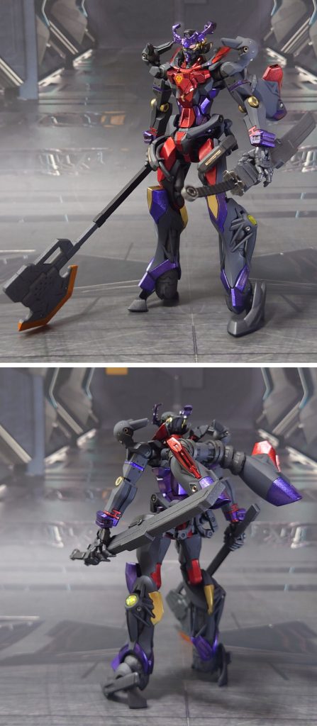 DaQuuuuuuXの前後ろ。工作は、ゲート痕処理、パーティングライン・段ズレ・ヒケの対処、面出し、孔開け、合わせ目消し、市販パーツ貼り付け・埋め込みによるディティールアップ、及び一部ディティールを削り落としてディティールダウンを実施。合わせ目消しは肩のスラスターポッド、腹部後ろ側、太腿後ろ側、脛内部パーツ、脚の裾の赤いパーツ、バックパックに実施。脛の側面と足裏は、今回もそういうディティールだと解釈することにしました。