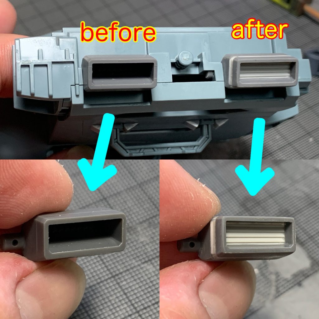 サイドのバーニアは切断し、ディティール入りプラ板を貼り付けました。