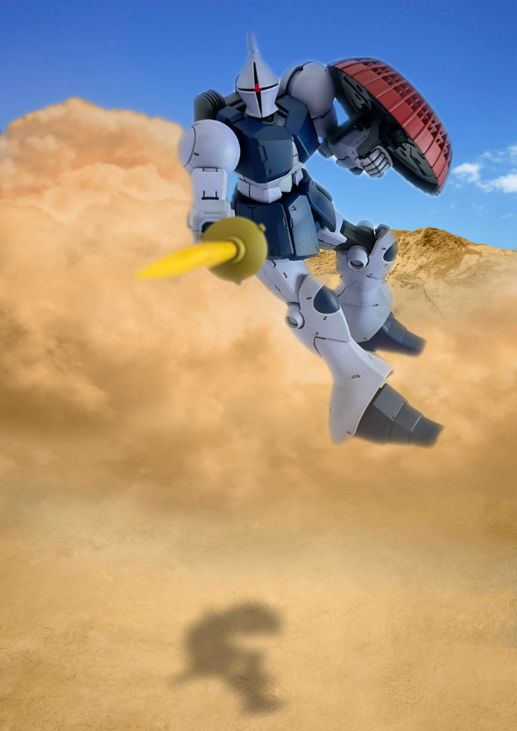 テキサスコロニーでのガンダムとの対峙をイメージして背景を付けてみました。劇中では砂嵐でこんなに晴天ではなかったけど、まぁだいたいのイメージってことで。