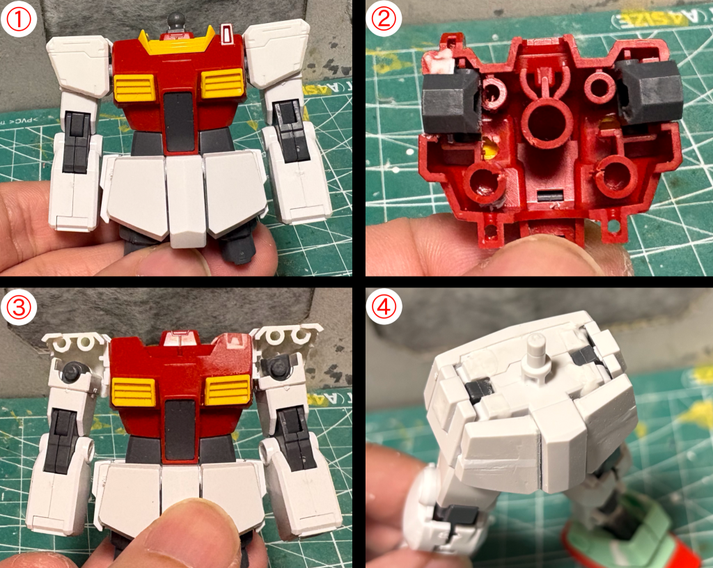 ①ジムⅡの胴体にガンダムG30thの肩とジムⅡの腕を取り付けた状態未加工で取り付けられますが全体のバランスを考えながら微調整していきます②まず胴体と肩の隙間が気になったのでポリキャップを若干内側に寄せて固定(他と違って右じゃなくて左が加工後になってしまたスマヌ)③さらに肩内部のポリキャップの位置を変更し、上腕の干渉する部分を削って腕全体を内側に寄せました←加工前  加工後→若干華奢めな体型にすることでジムらしくなるかと思います④腰も横に大きすぎるので縮め、フロントスカートは2ミリ延長フロントスカートの可動軸が見えないようにもしています