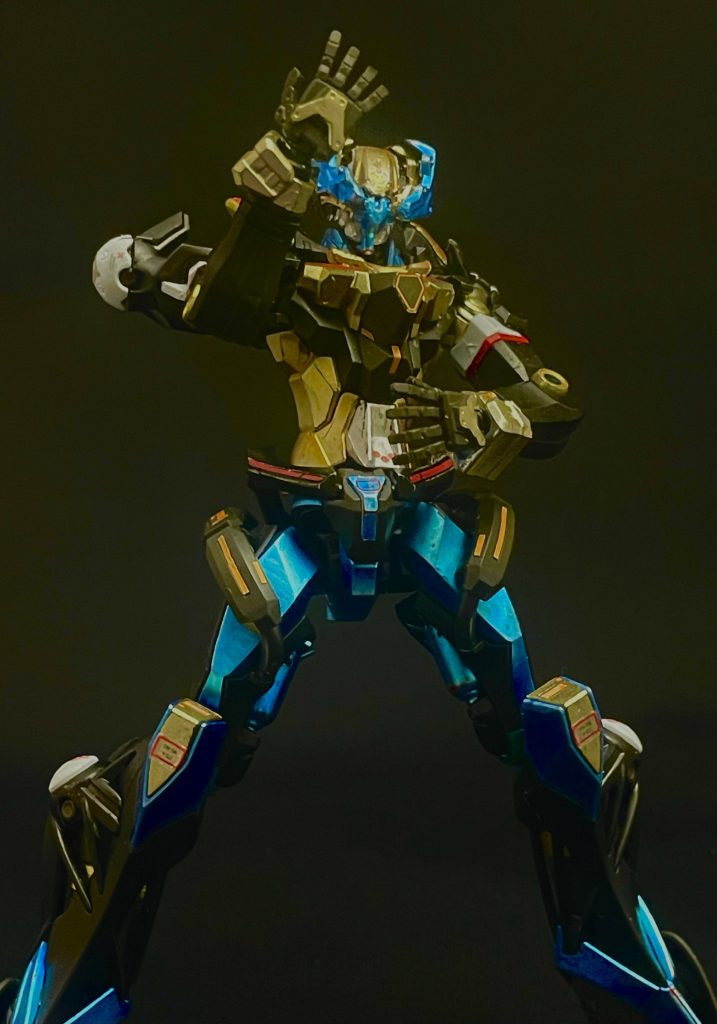 何処ぞの特撮ヒーロー風にポージング。塗装は黒サフにガンダムマーカーでチョチョイと仕上げました。笑