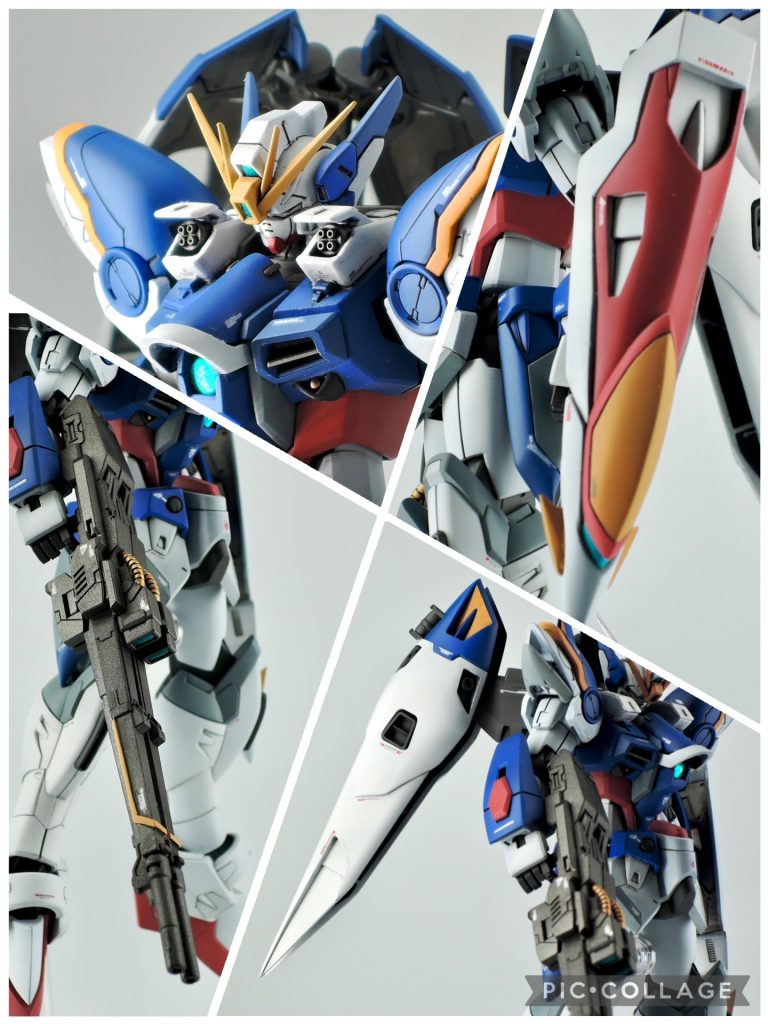 ①両肩のマシンキャノンはゼロカスの物をTV版カラーで取り付け②シールドはHGゼロを使い、装飾をそぎ落とし、薄く・シャープになるように作成③ツインバスターライフルはゼロカスの物にTV版の要素・カラーを取り入れています。④ウイングパーツはプラバンを使い延長＆シャープ化（これに一番時間がかかった・・・）