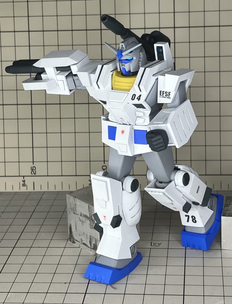 1/144 フルアーマーガンダムの箱絵っぽく。パチ組みだからスタンド穴もないのでアルミブロックで支える。