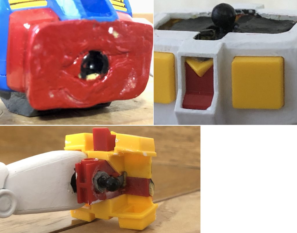 次に腰の可動を追加します。素組みだと上半身のAパーツと下半身のBパーツはくっついたままです。そこで接合部を大胆にルーターで真っ二つに切断します。切断後、Aパーツにボールジョイントの受けを接着後、パテ盛りしてすき間を埋めます。Bパーツも同様に(中)ジョイントをくっ付け、パテ盛りしていきます。パテが乾燥して、塗装が済んでからAパーツとBパーツを合体。これで腰の可動が追加されました!ついでに下半身の付け根もボールジョイント(中)を付けます。そして左右の足の付け根にもジョイントの受けを接着します。多少荒削りな感じになりましたが、これで足も元よりもフレキシブルに動きます!!