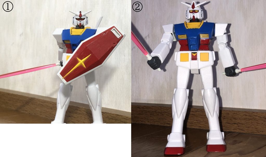 ①同じくオープニングでビームサーベルとシールドを携行する構図。②「THE ORIGIN ククルス・ドアンの島」の二刀流の構え。ビームサーベルの刃はロボット魂のビームサーベルが上手い事フィットしました!!