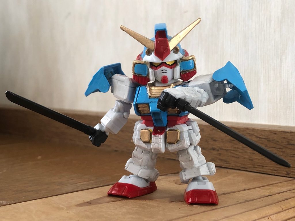 二本の仕込み刀「頑暴威(ガンボーイ)」。刀は装動仮面ライダージオウの仮面ライダーシノビの刀を流用し、背中のバックパックに装備できるようにしました。