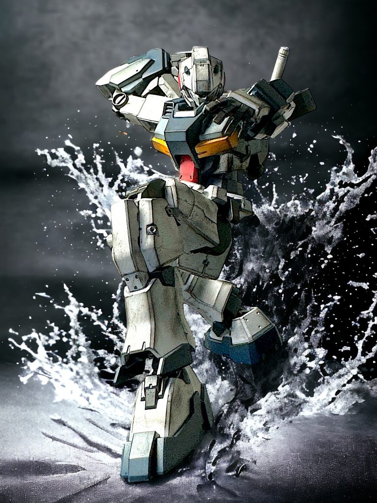 スミ入れ及びウェザリングしています。 スタダードアーマー無しのジーライン。背面のビームサーベルを抜くポーズをしていたところ、左足を踏み込む力強い絵となったので、水飛沫を足してみました。