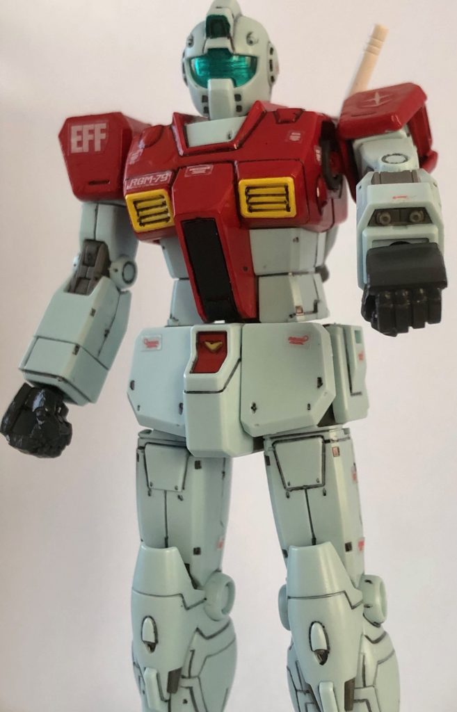 ORIGIN本編におけるGMの初登場シーン風。アレックスさながらに腕のマシンガンでジオン兵と移動砲台を全滅させる光景は「GMは弱い」というイメージを覆しました。（ORIGINはむしろガンキャノンやガンタンクがやられメカ扱いでしたね。）