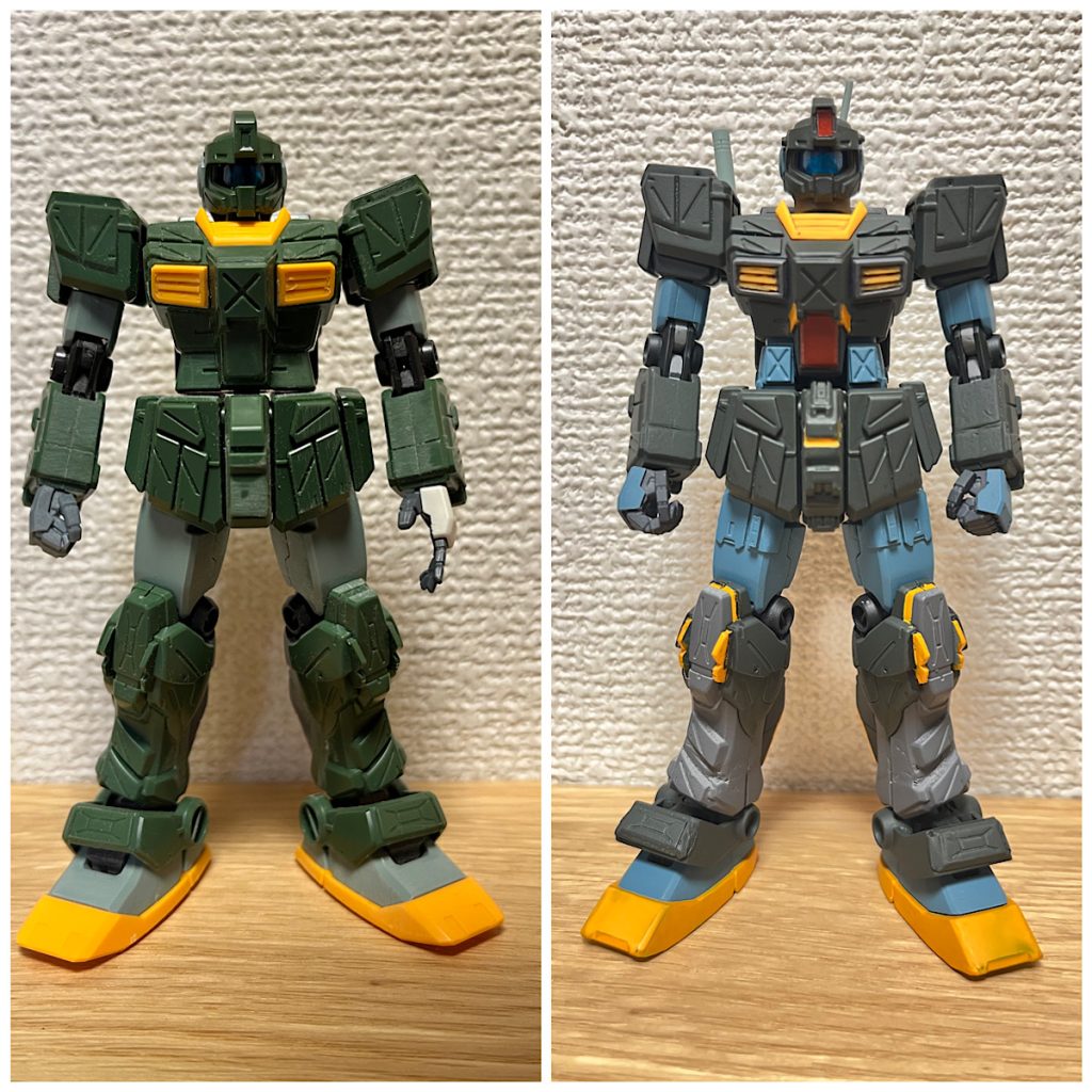 左が素組みで、左が延長工作後首1.5mm + 腰1.5mm + 股2.4mm + 脛2mm =合計7.4mmくらい伸びてます