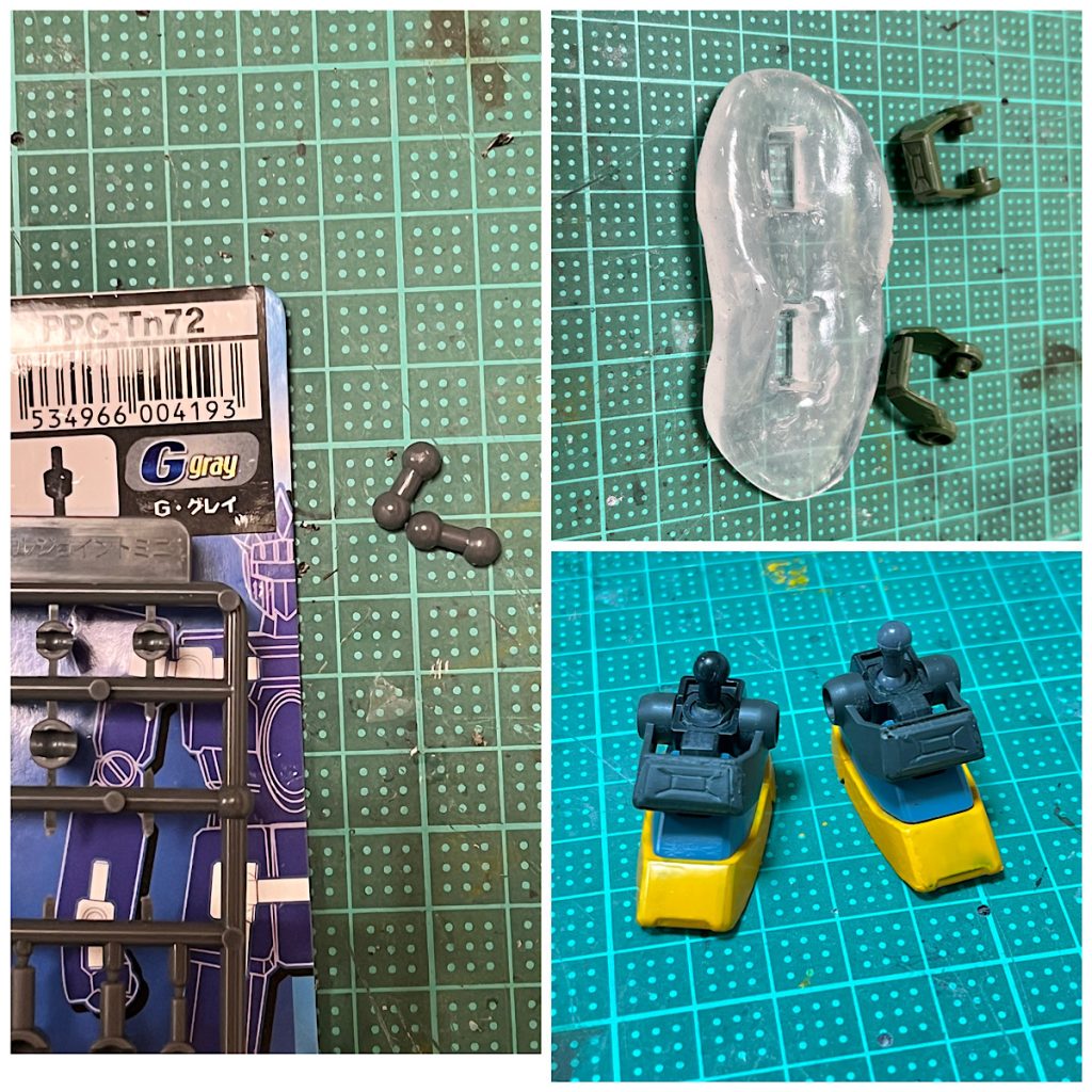 本キットの足が大き過ぎてバランスが悪いのと足首関節が不自然に曲がるので、それらを解消すべく以下を行いました・ジムスナイパーⅡの足をミキシング・関節技ボールジョイントから足首との接続部分を流用(これで足首が自然に曲がる)・元キット足首のモールドを型取りくん+UVレジンで複製し、ジムスナイパーの足首に貼り付け