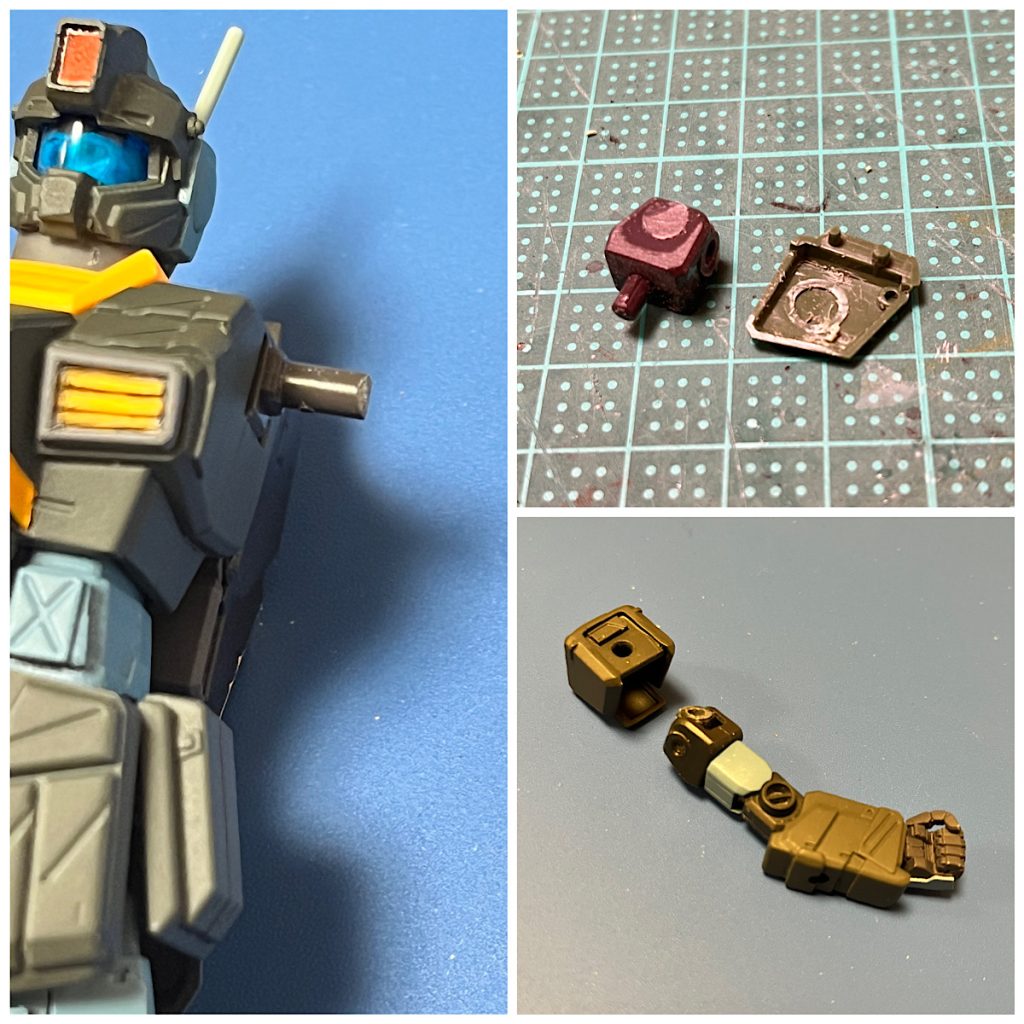 肩と胴体の隙間が気に入らないので、接続軸をちょっと切断。肩のパーツを差込式に変更。これで肩の位置を2mmほど上方に修正し、腕を上げても肩は上がらず見栄えが良くなった(個人的な見解)