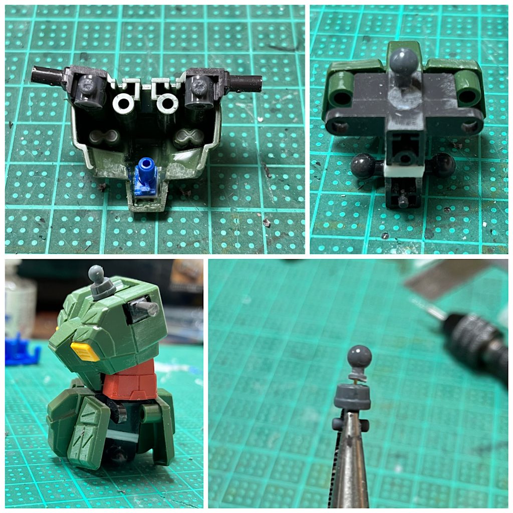 胴体が寸胴で、首も短いので対応胴体を切り離し、HGオリジン・ガンダムの胴体を移植(胸の裏には接続軸、腰の接続軸をぶった斬り、位置を後方にずらしてボールジョイントを追加)。これにより胴体を延長+前屈が出来るようになった首も市販のボールジョイントをカットして、真鍮線を入れて補強し接着して延長。そのままだと首がヒョロ長く見えるので、コトブキヤのショートパイプを被せたらいい感じになった(下の写真でちょい見える)