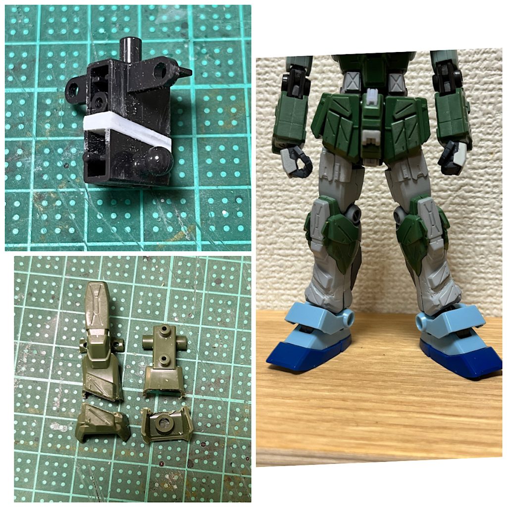 ここからはメイキング編。足が短いので、股関節でぶった斬って延長さらに脛もぶった斬って延長足はジムスナイパーⅡのモノを流用(後述)太もも付け根の凹みがカッコ悪いのでプラ板や市販のパーツで隠してみた