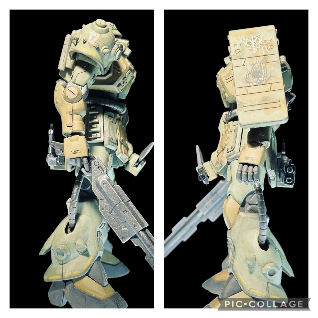 脛の外側にスパイクを付けました。見え難いけど盾には部隊章を付けてます。ショットガンはなんか鉄血のです。