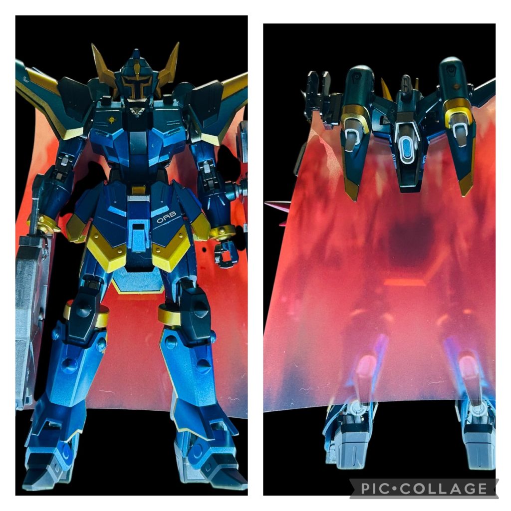 色を変えると結構ヒロイックになるなあ、と思いました。メタリックブルー、スタブラゴールド、セミグラスブラックで塗り分けました。フロントスカートはプラ板、胸には鳥のリレーフを付けました。