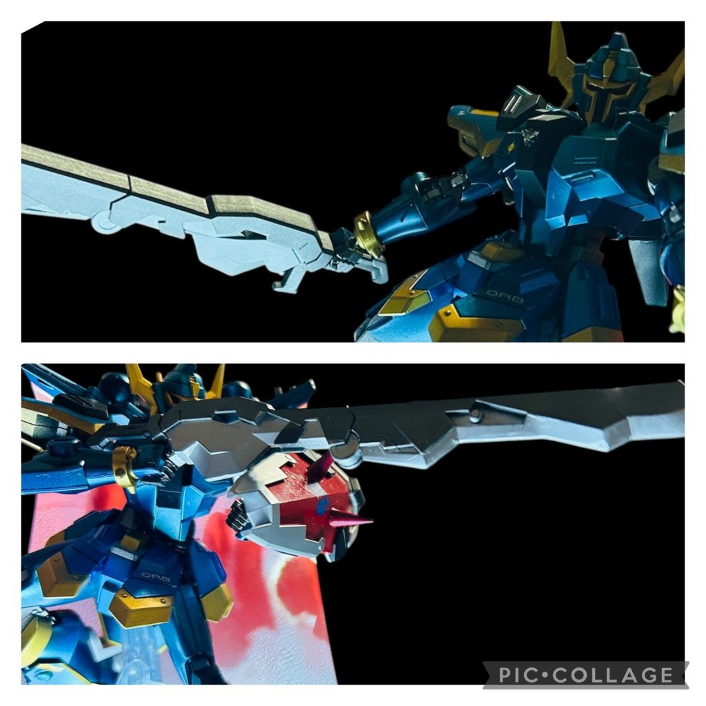 鉄血月鋼の武器をそのまま使ってます。大剣とロングレンジライフルになる優れ物。妄想なのでオーブが作ったでOKです!