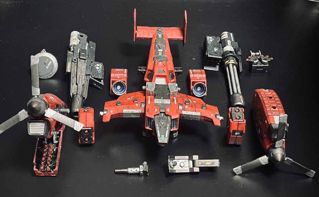 武装機首 バルカンミサイルポッドプロペラユニット収納型ミサイルビームガトリングビームキャノンチャフ、フレアというイメージで作成