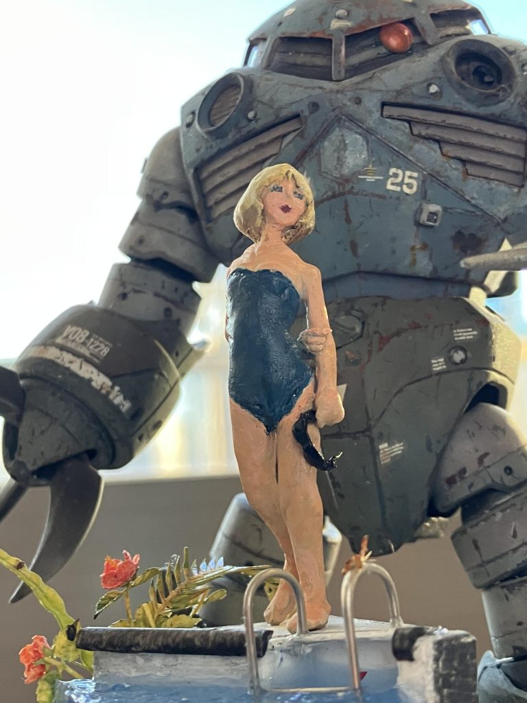 1/35セイラちゃんはタミヤ2号戦車の随伴歩兵の生まれ変わりです。頭身はかなり低め、キャスバル兄との別離の頃の設定で、プールサイドのビネットにしました。