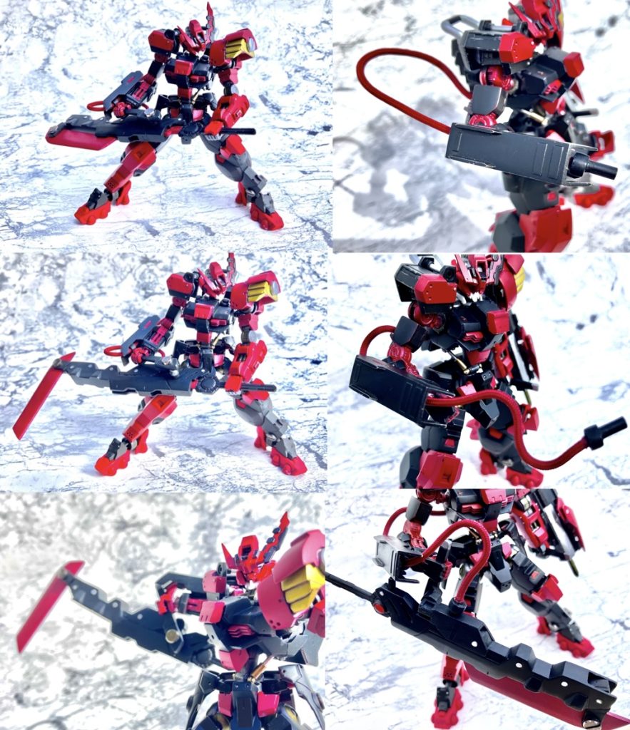 月紅に引き続き改良を施したウエポンラックシステム「月紅・改」前回の月紅同様に大剣→大鎌に変形します。またバックパックから腕にかけてエネルギーケーブルを設置しています。少し伸縮するので月紅・改へ接続できます。