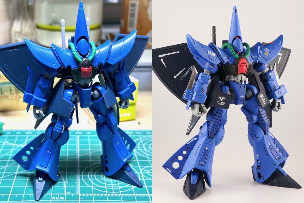 素組みとの比較です。スネの合わせ目が目立ちますが、隣にもう一本モールドを足すことで、ディテールっぽく誤魔化しています。