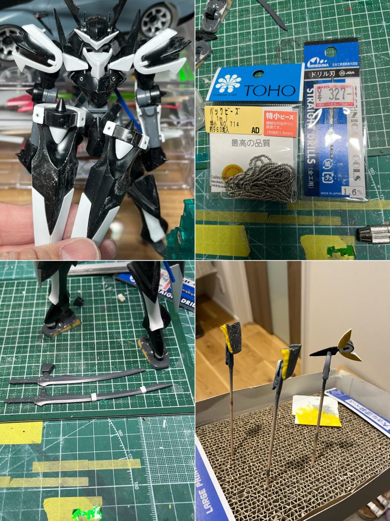 上2枚：1.6㎜のピンバイスで穴開けて、ビーズ埋め込んだ下：パテ埋め、延長かなり久しぶりにタミヤ ポリエステルパテをつかったんですが、大きい方のチューブが固まりかけてた、、油が出てきたので分離してるのかもですね、たぶん買って2年くらいで使うの1年以上ぶりかも劣化もしますよね相変わらず匂いは強力すぎるリビングモデラーには多用できないです。