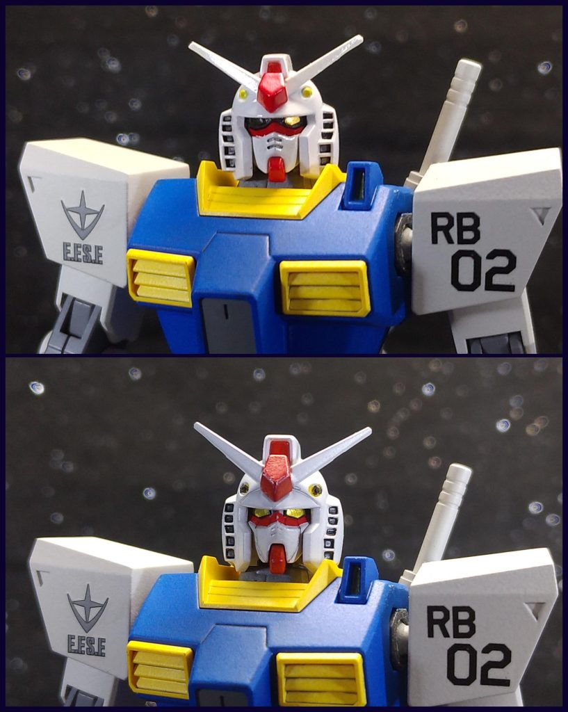 当初は大きさが丁度いいHGUC021ガンダムの方(下)を使用する予定でしたが手に入らないでリバイブ版(上)を使用しました。HGUC021ガンダムの頭部は以前投稿した〔旧HG仕様〕のものをそのまま付けています。