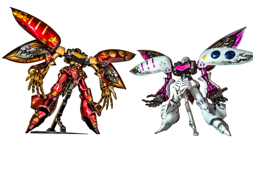 以前のハマーン様カラーと。あっち、デカール剥げてきてしまっています。当時の未熟さと見通しの甘さが…今回は多分大丈夫。