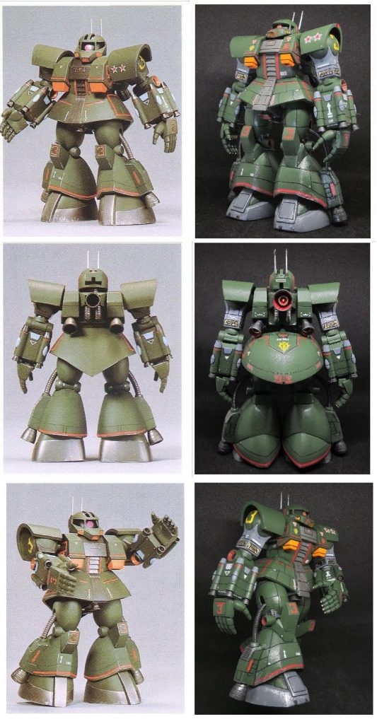 箱の横にある完成写真と並べてみました。頭は普通のザクから、体はキットを２つ使って延長。あとはプラ板などを使い、作り込んでみました。