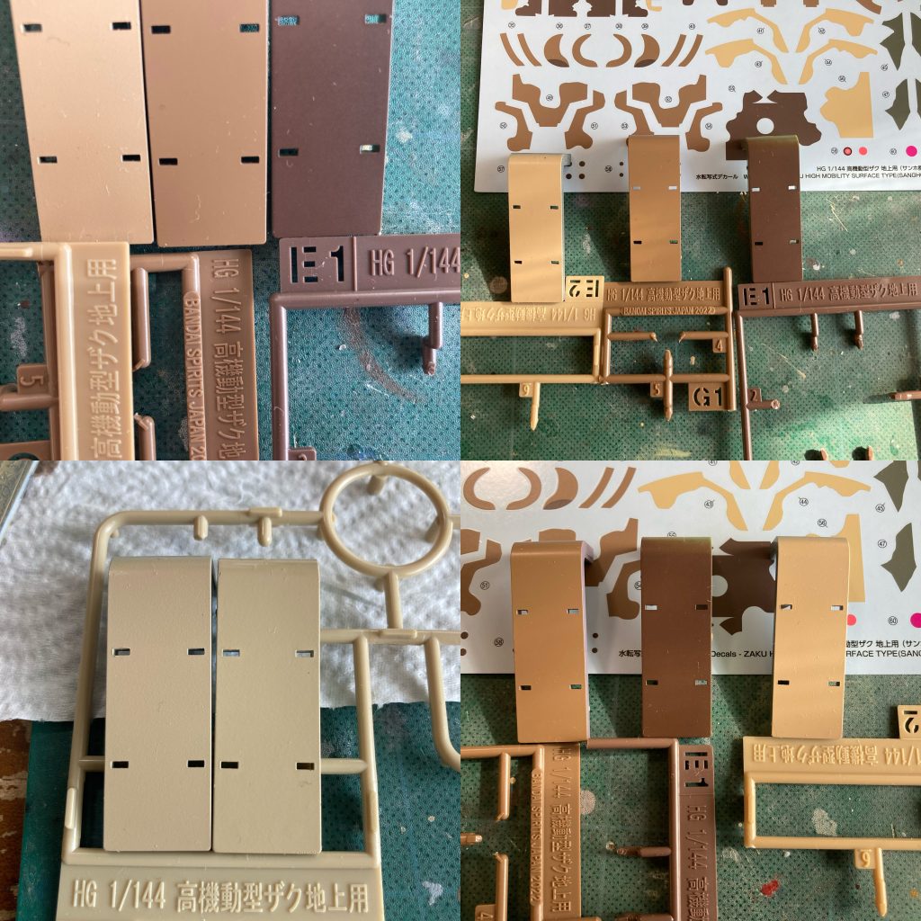 迷彩デカール貼りたくない一心で秘策！！迷彩は塗装で行く事に決定！まずは色合わせから、今回は迷彩4色を調合。結構微妙やね。いつも通り関節等のグレー部はガンダムカラー・ジオングレーで