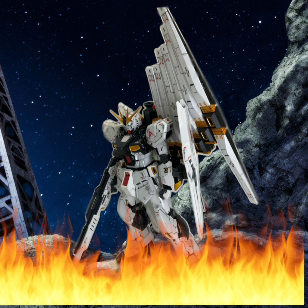 スマホのフォットアプリを使って、爆発するアクシズを飛ぶνガンダムを作ってみました。