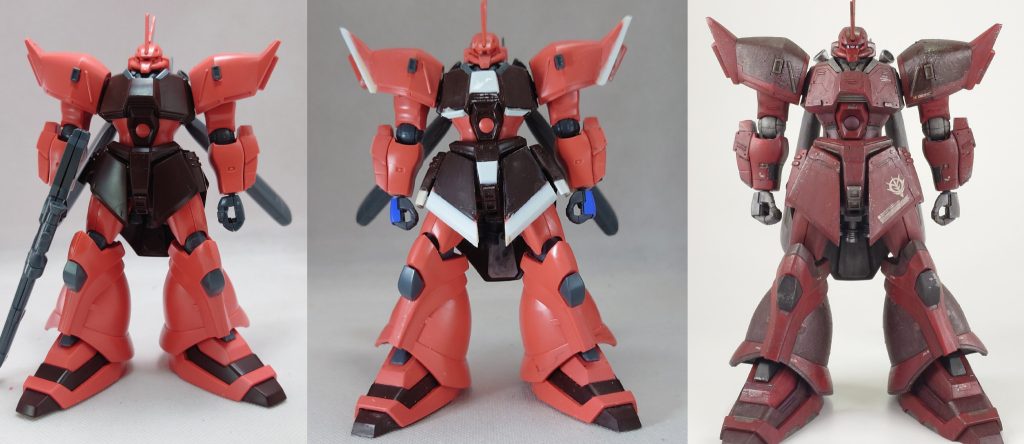 ではここからは制作過程(主にプロポーションの変化)です素組→途中経過→完成です頭 3ミリほど前頭部を上にあげてます(後で写真アリ)胴体 途中経過だと映っていませんが完成時の写真では 1mmくらい延長しています肩 プラ板で肩幅を幅増ししています 完成時は暗い赤部分を鋳造表現にしています腕 手をケンプファーの物と交換しています腰 プラ板で前と横のスカートを延長 完成時の写真では股関節を2mmくらい延長して足を延ばしてます足 脛の部分に鋳造表現